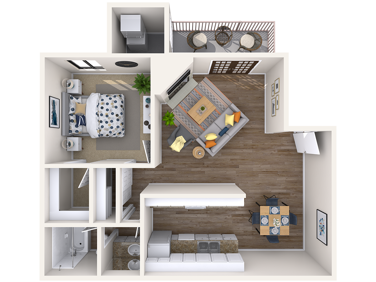 Floor plan for 1 bed, 1 bath, 679 sqft